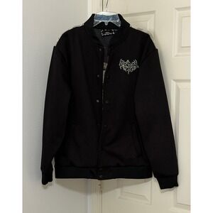 Rebel Vengeance Mens sz L Black Woven Tapestry Grim Reaper Bomber Jacket Gothic